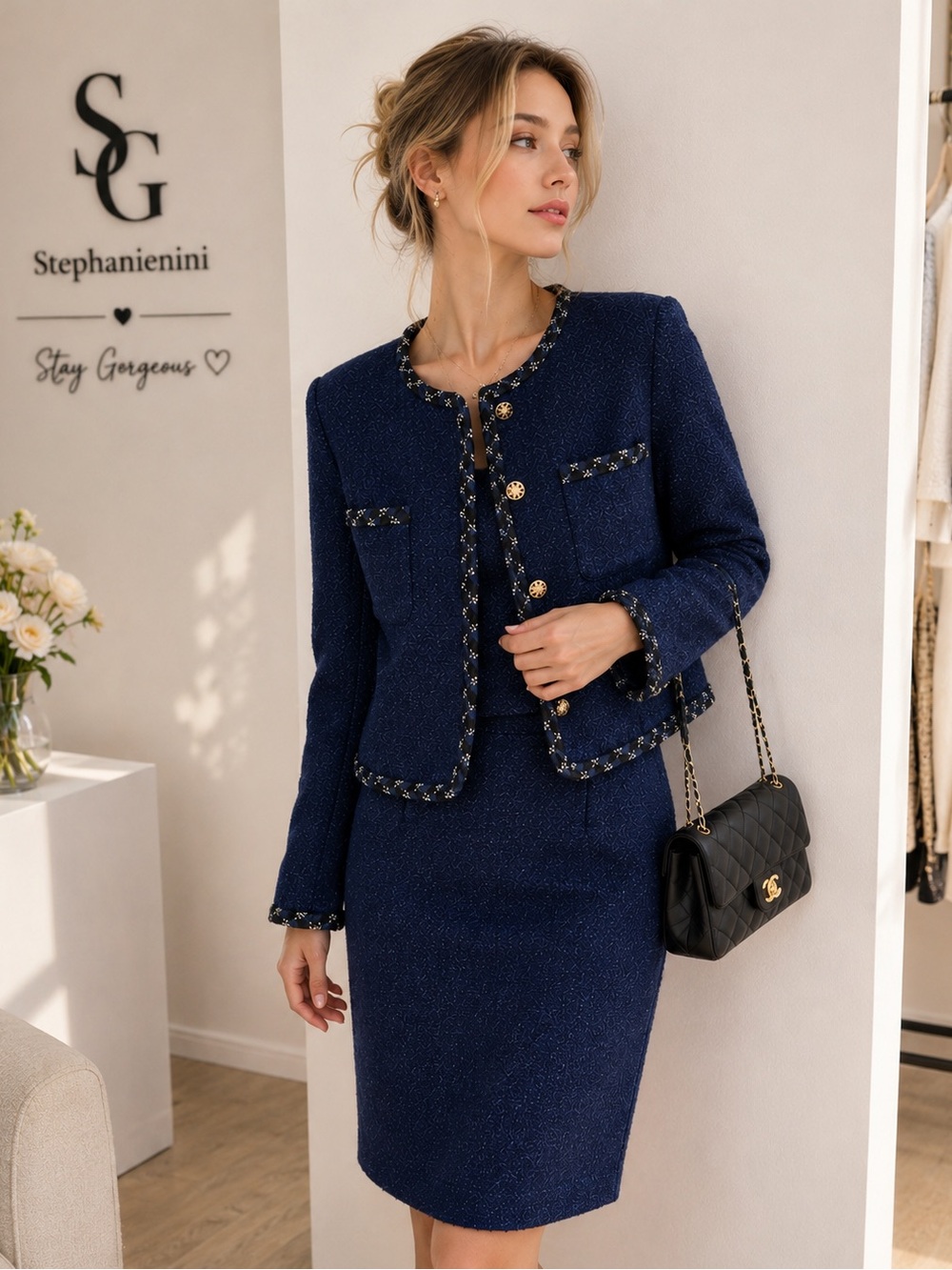 Women’s High Quality Navy Blue Tweed Jacket & Skirt 2-Piece Suit Set – Size L